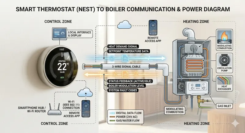 Termostate Climatizare,diagramă tehnică conexiune termostat WiFi și centrală.
