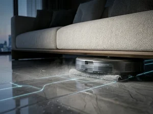 Aspirator robot cu profil subțire curățând sub mobilierul de living.