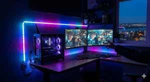 Bandă LED WiFi colorată montată în spatele unui birou de gaming.