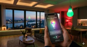 Bec inteligent colorat controlat prin comandă vocală pe smartphone.