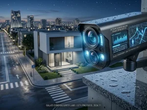 Cameră de supraveghere WiFi montată pe colțul unei clădiri moderne.