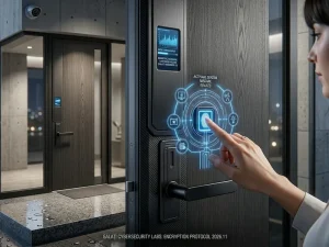 Yală inteligentă neagră minimalistă montată pe o ușă modernă.